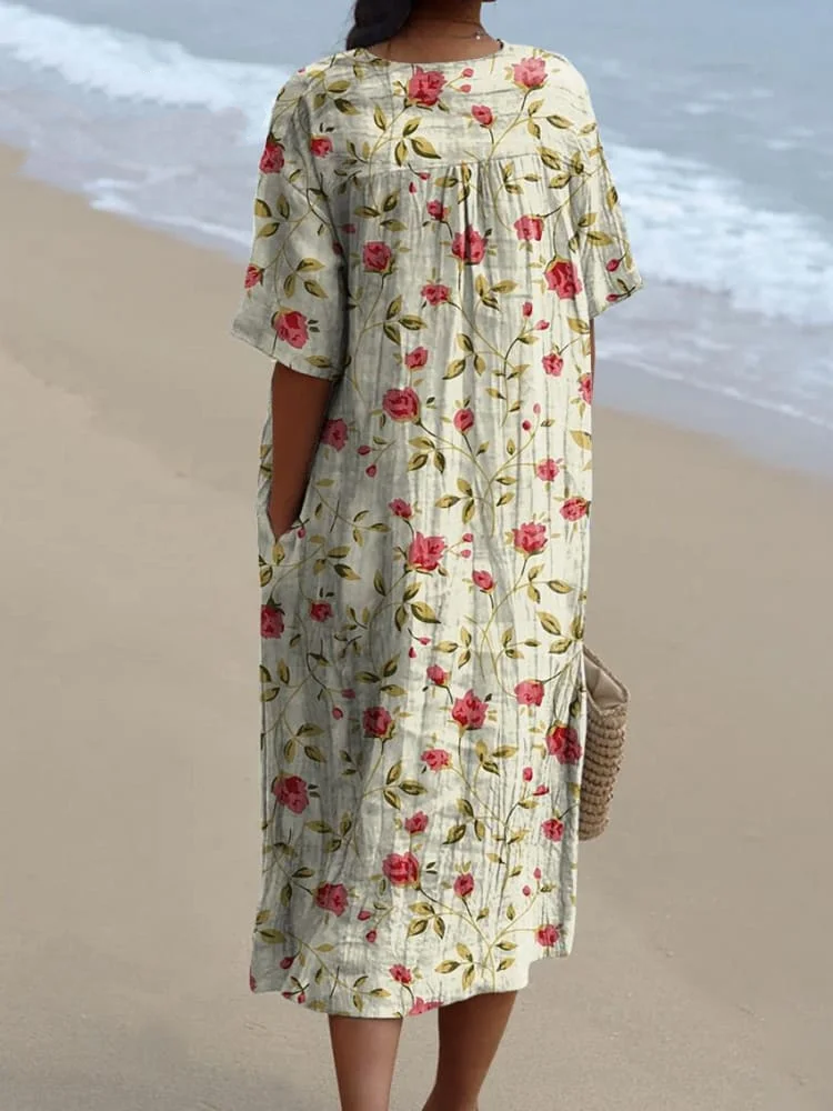 Vintage Style Petite Rose Pattern Printed Women's Flowy Dress