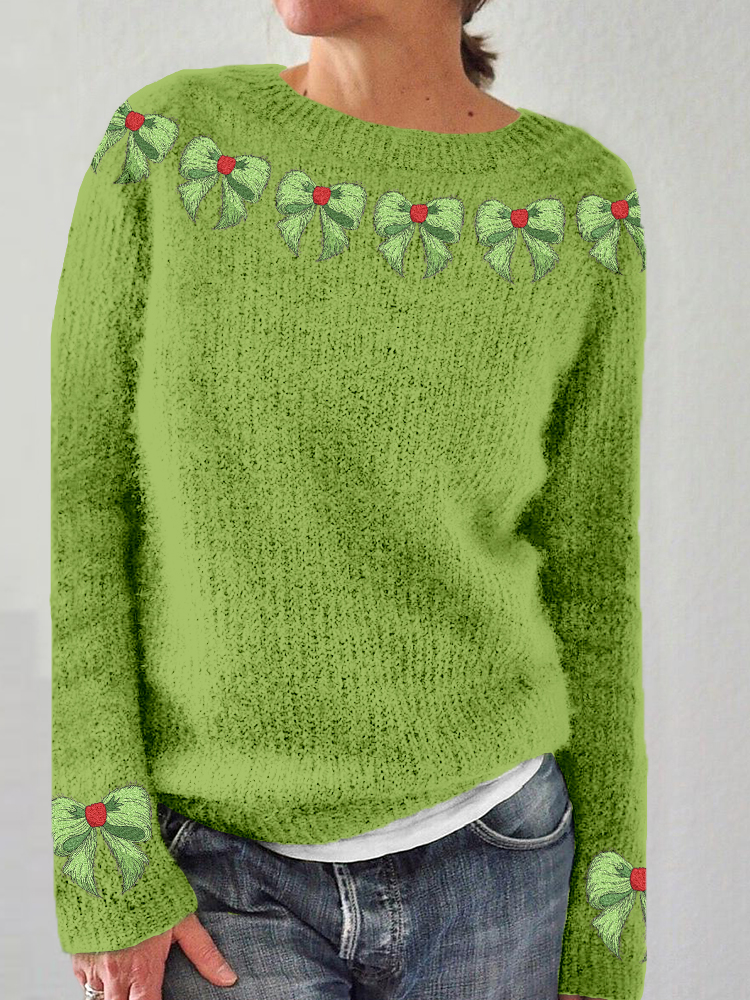 Christmas Bow Embroidered Cozy Sweater