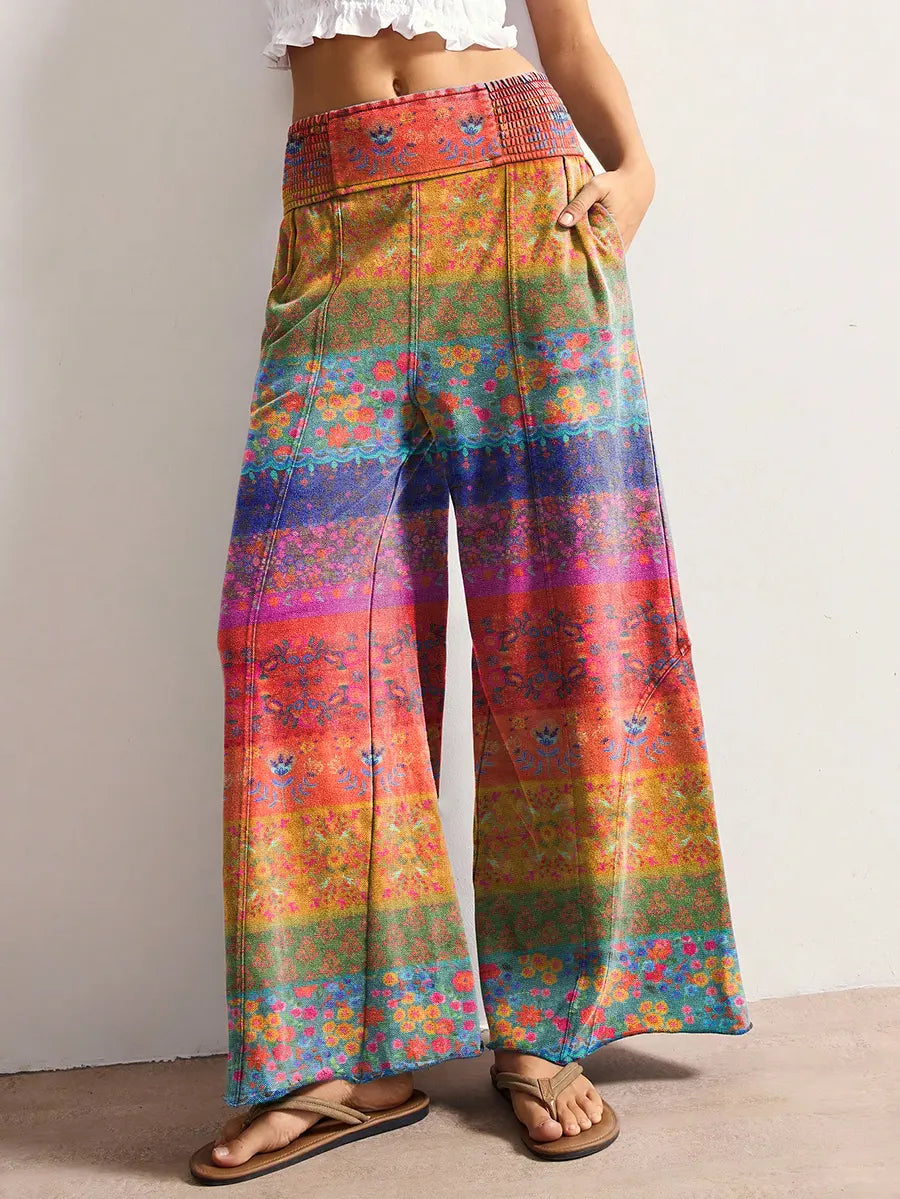 Vintage Flower Stripes Women's Art Print Elastic Wide-leg Pants