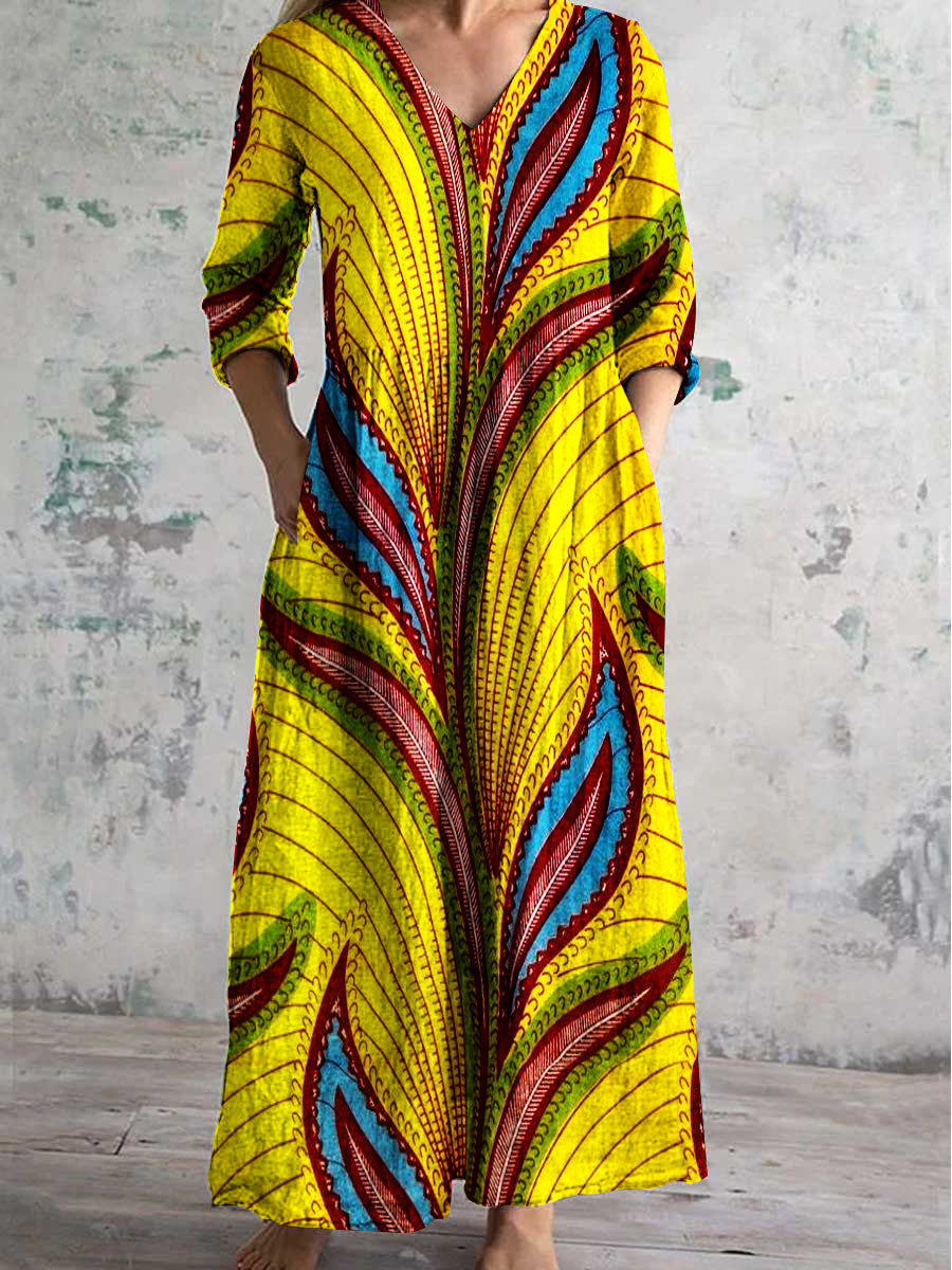 Women's Vintage V-Neck Painted Pattern Long Sleeve Dress with Pockets