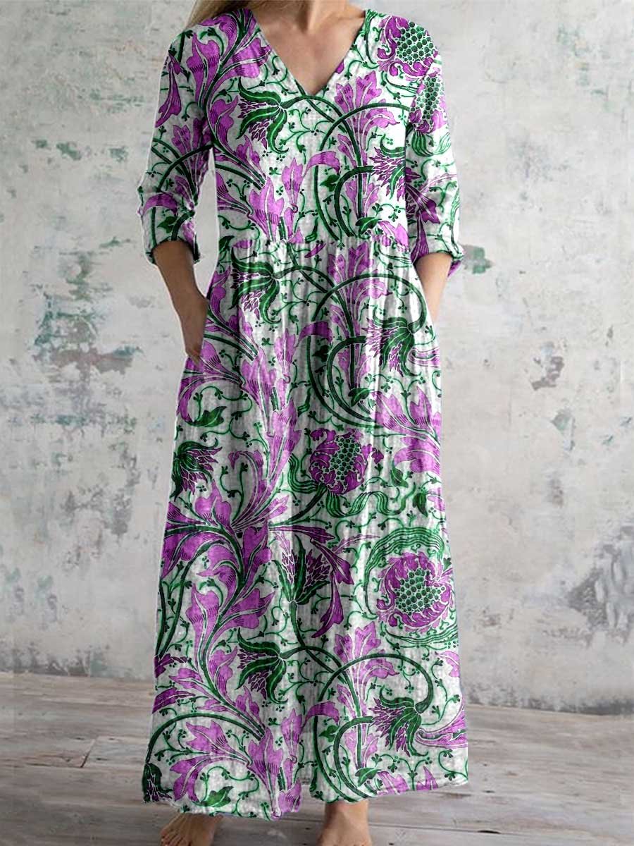 Women's V-neck  Abstract Art Floral Pattern Collar Cotton Dress With Pockets