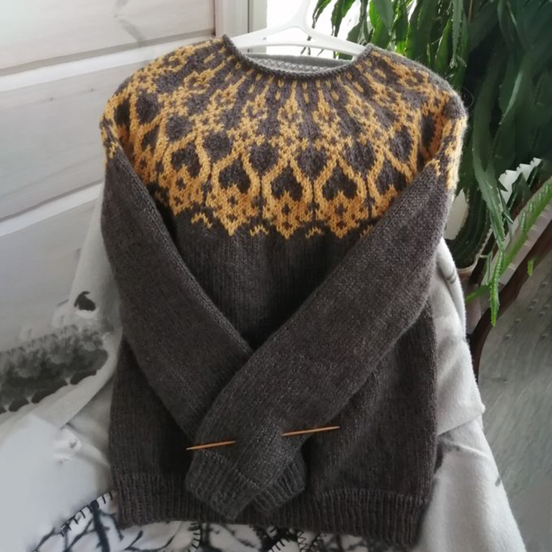 Unisex Vintage Icelandic Yellow Gray Knit Jacquard Warmth Crew Neck Sweater