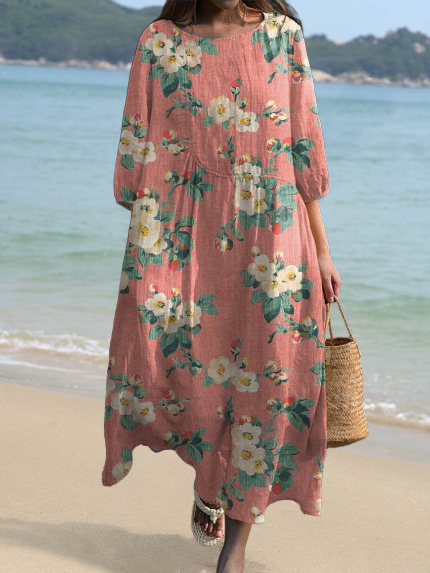 Women's Vintage Floral Art Print Pocket Cotton Dress