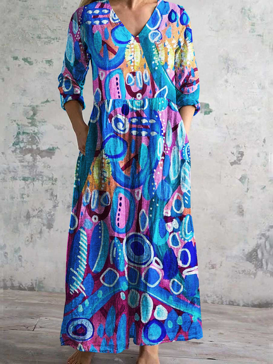 Women's V-Neck Vintage Irregular Painted Pattern Long Sleeve Dresses