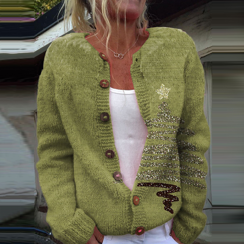 Women's Christmas Tree Button Down Casual Sweater