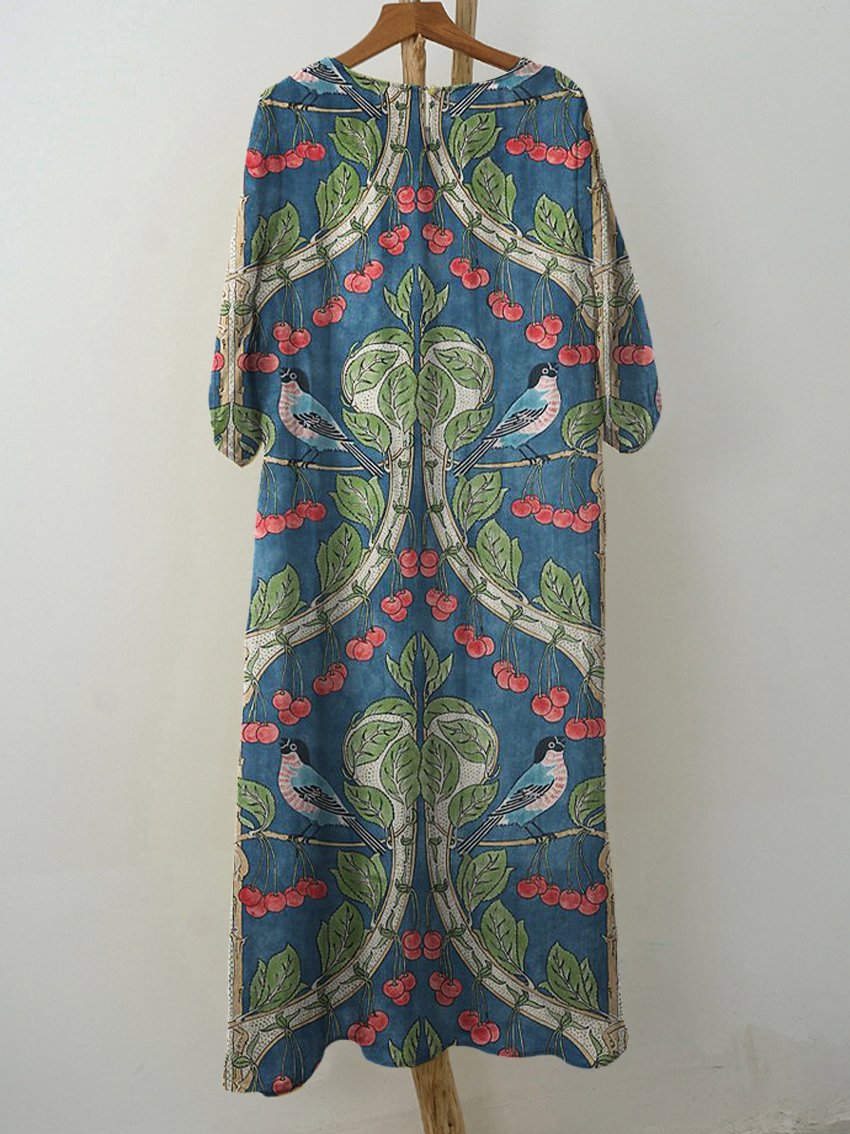 Women's Vintage Symmetrical Bird Cherry Print Pocket Cotton Dress
