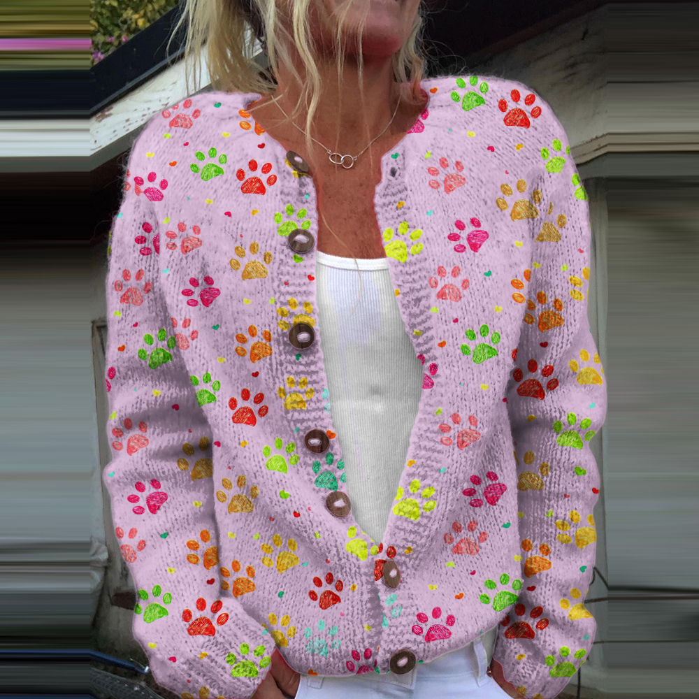 Dog Paw Print Long Sleeve Casual Knitted Cardigan