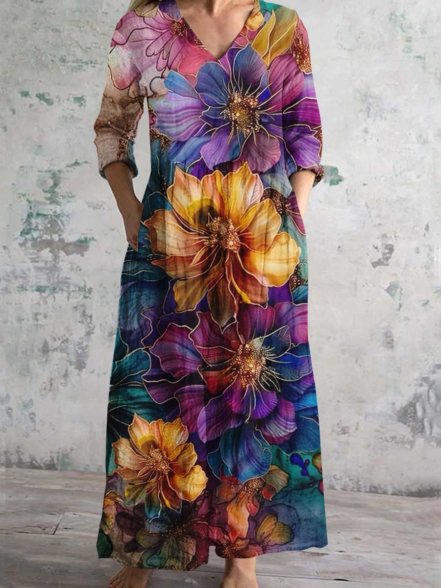 Women's V-Neck Floral Art Print Cotton And Linen Pocket Dress