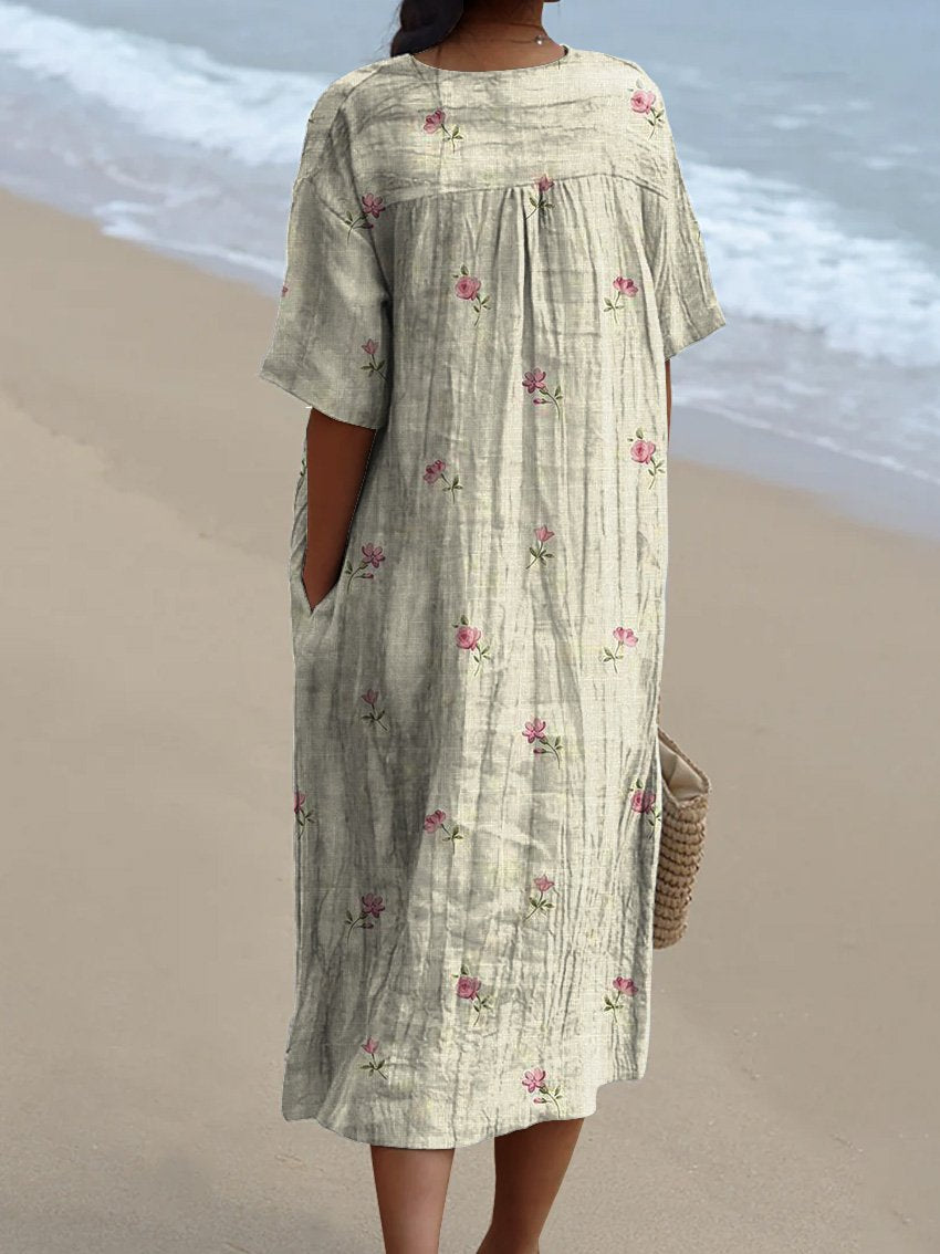 Petite Pink Spring Floral Pattern Printed Women's Flowy Dress