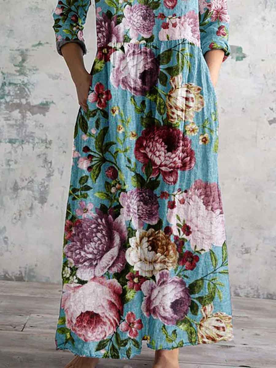 Women's V-neck Vintage Rose Floral Cotton and Linen Dress With Pockets