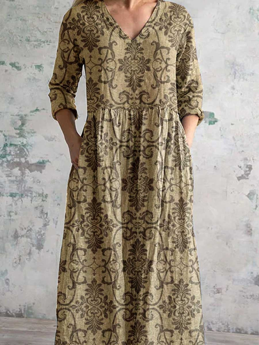 Women's Elegant Simple Floral V-Neck Cotton and Linen Dress with Pockets