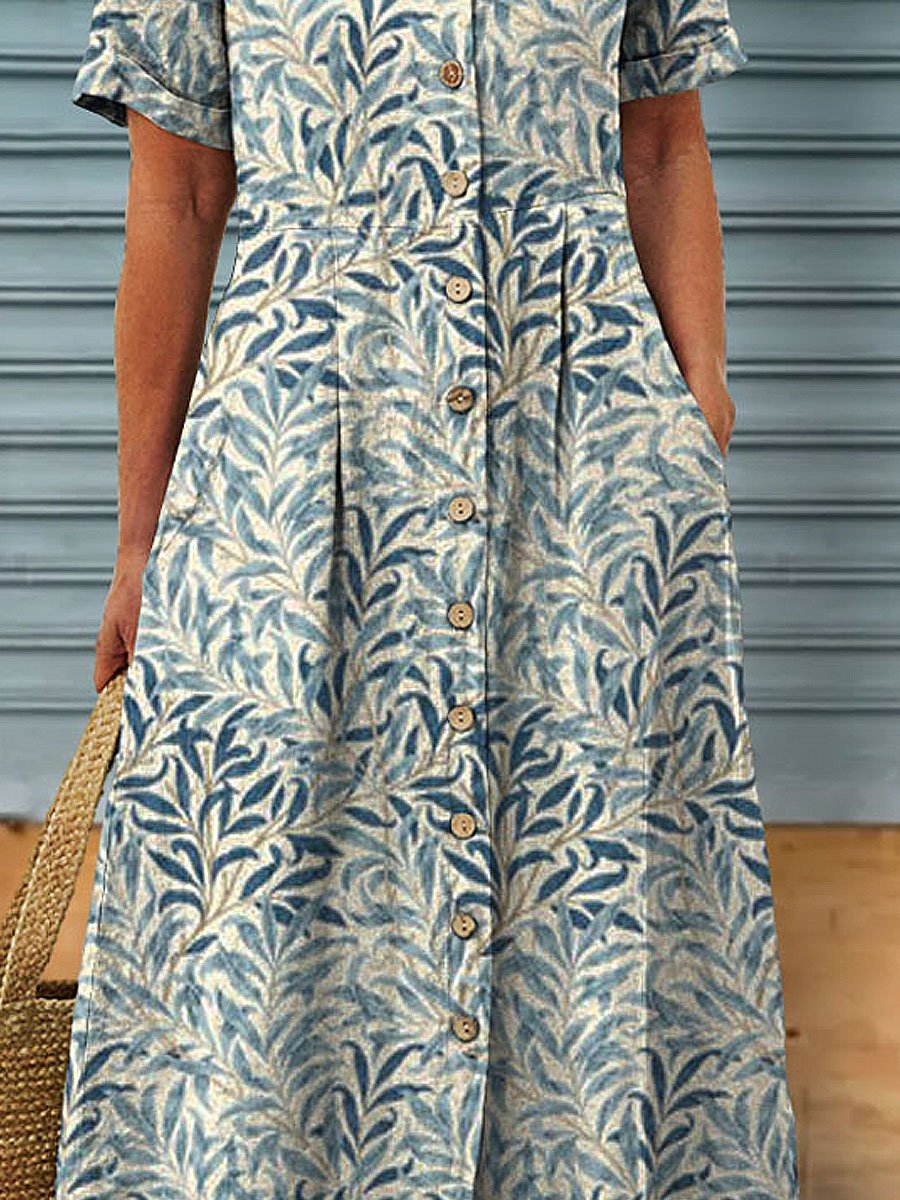 Women's Vintage Floral Art Print Linen Pocket Tunic Dress