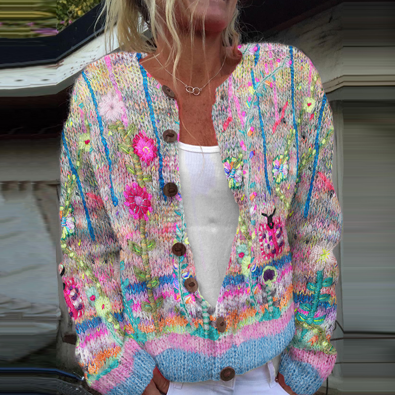Vintage Floral Print Long Sleeved Knitted Cardigan