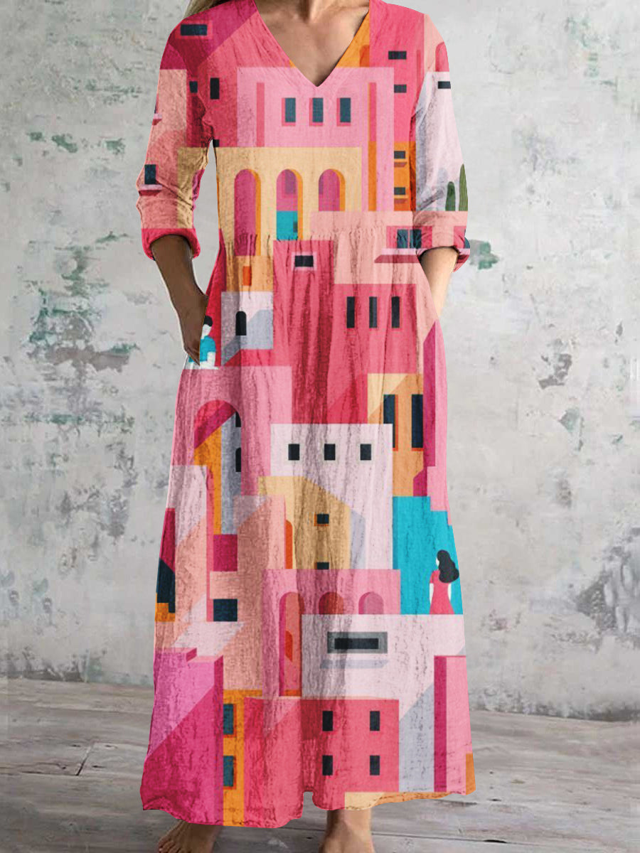 Women's V Neck Abstract Architectural Art Cotton and Linen Pocket Dress