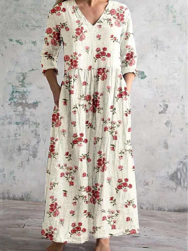 Women's Elegant Simple Rose Floral V-Neck Cotton and Linen Dress with Pockets