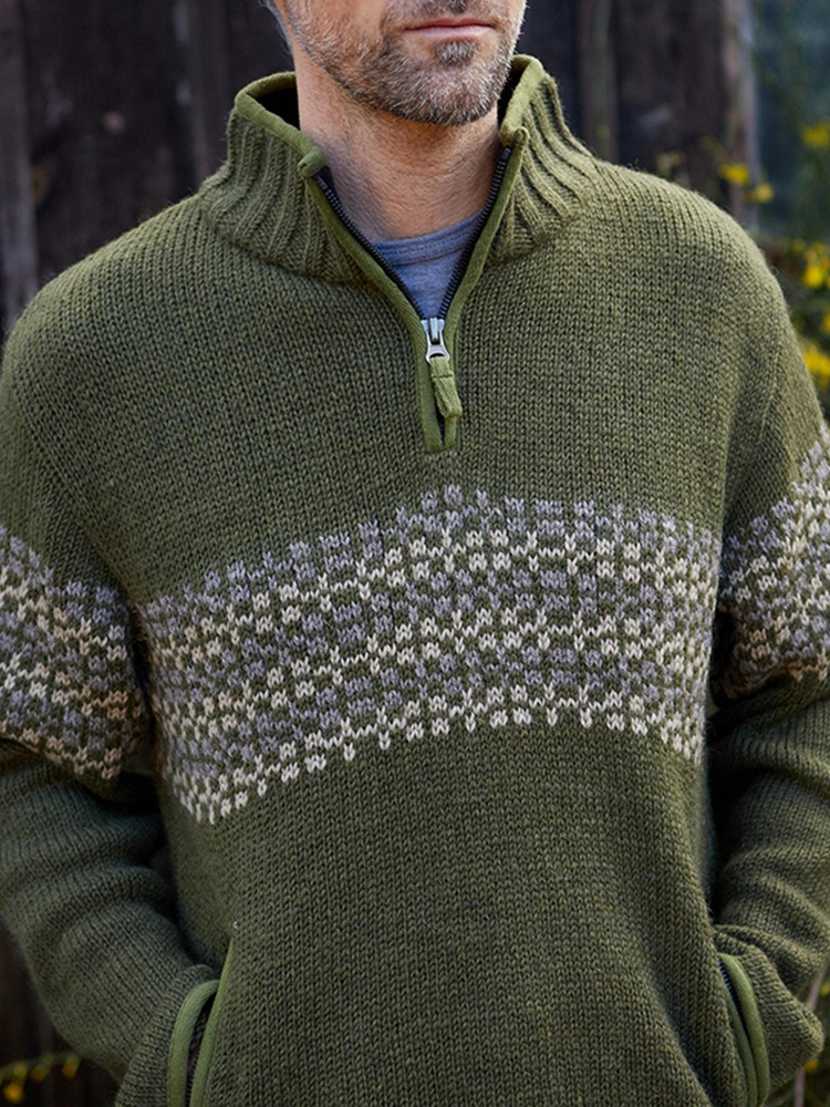 Vintage Warmth Norwool Icelandic Knit Jacquard Half Zip Collar Sweater