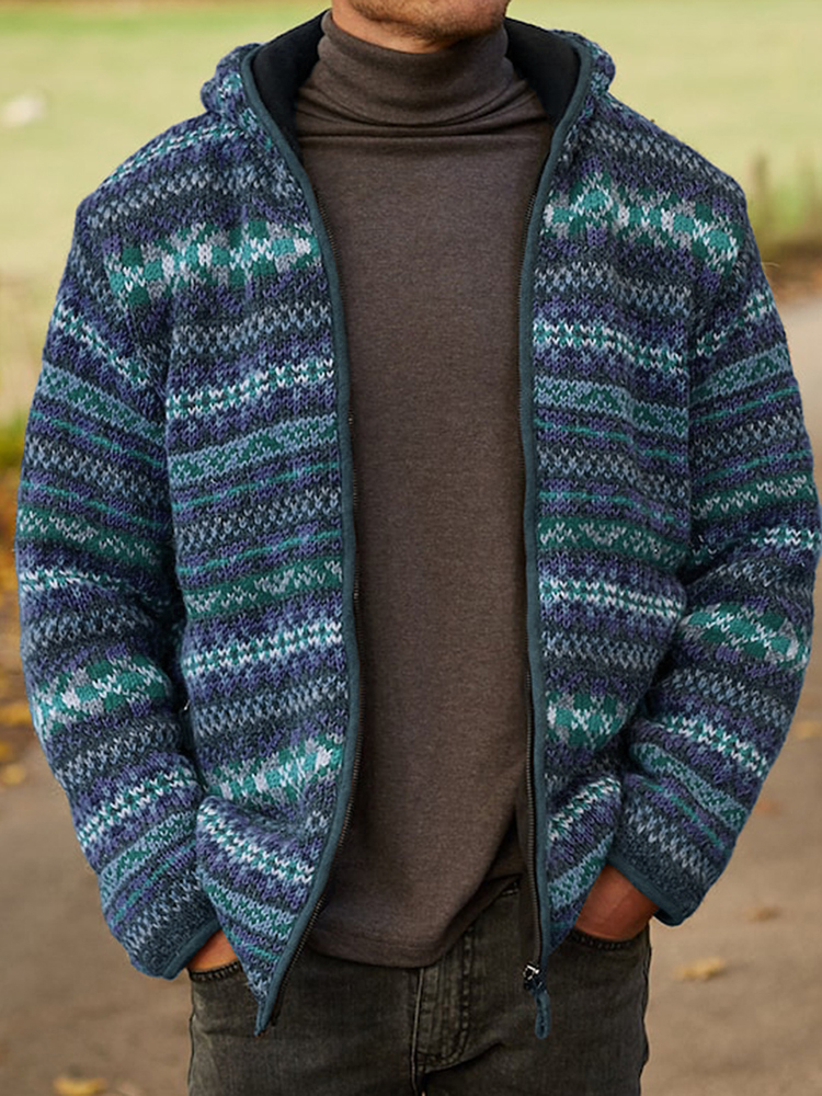 Mens Vintage Fair Isle Knitted Hooded Cardigan