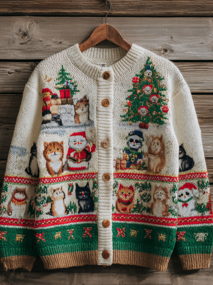 Christmas Fun Cat Women's Knit Sweater Coat