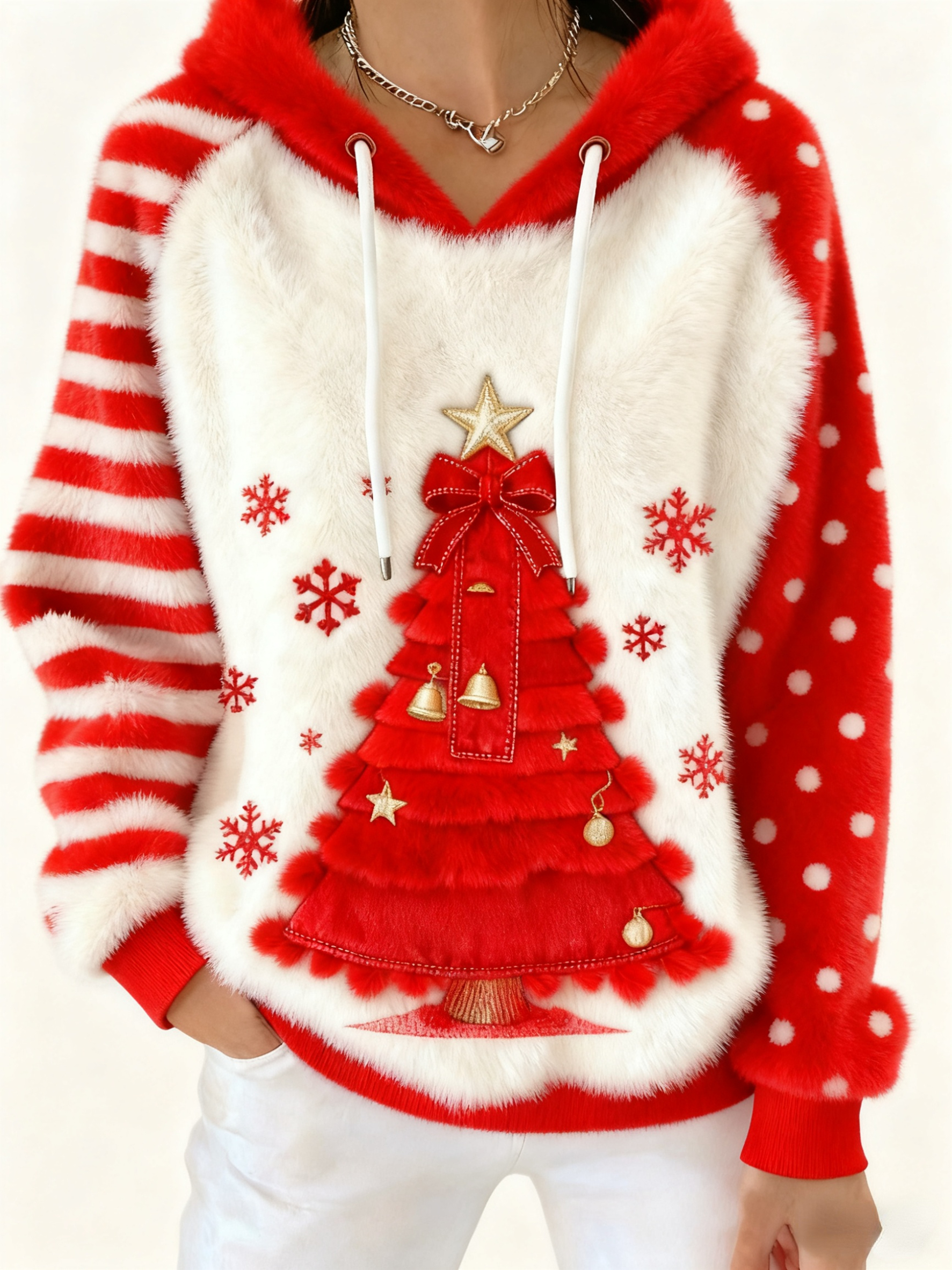 Christmas Tree Colorblock Art Women's Cozy Plush Hooded Sweater