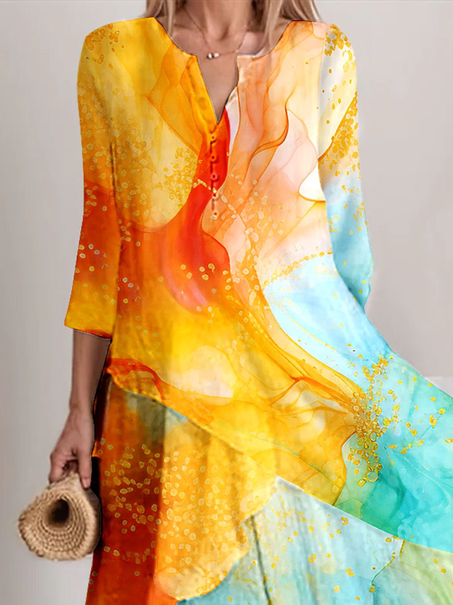 Women's Watercolor Splash Fluid Art Print Flowy Dress