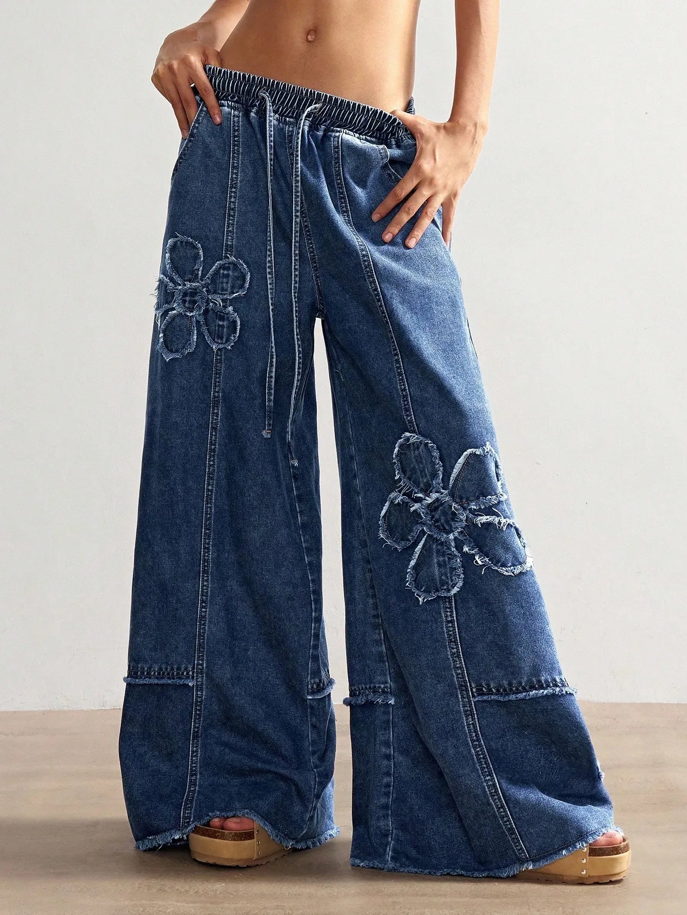 Women's Hippie Flower Elastic Wide-Leg Pants
