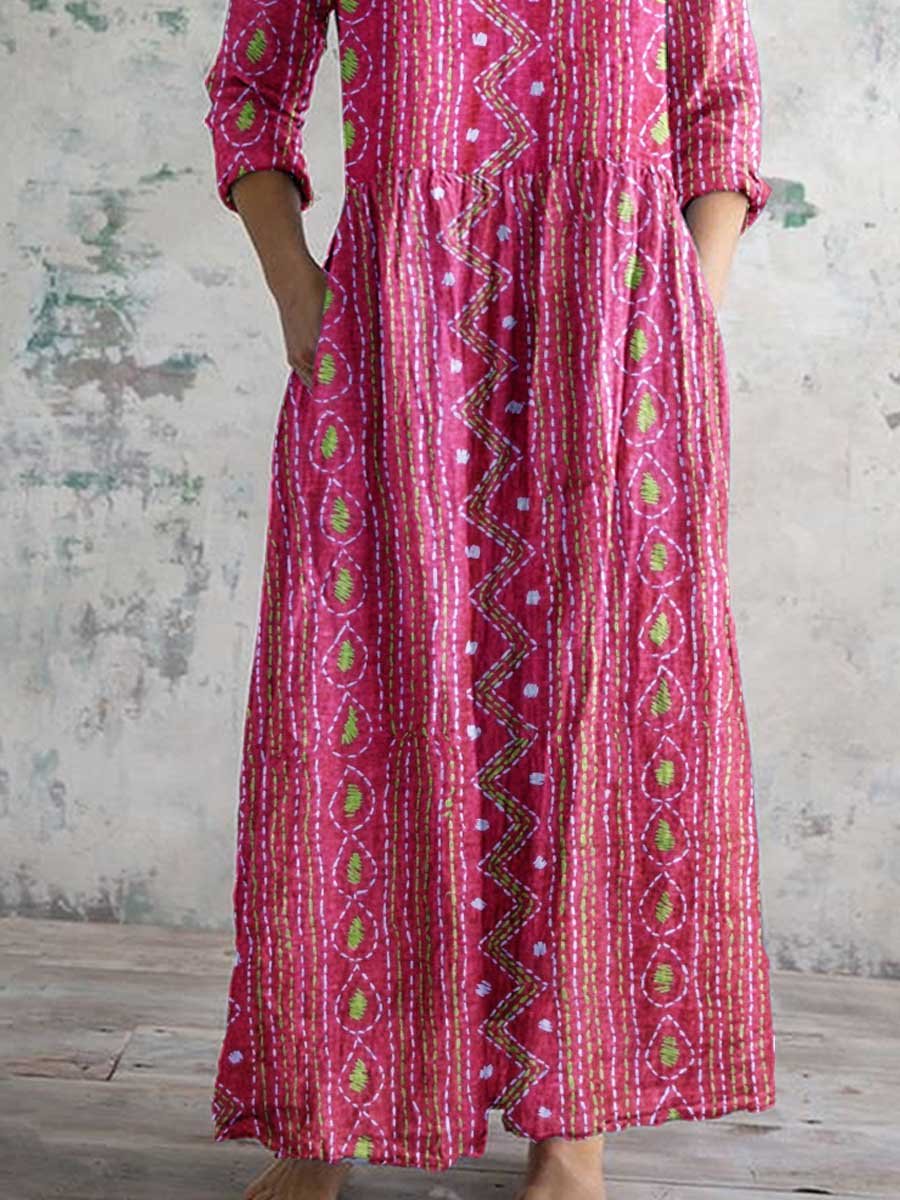 Women's Elegant Retro Geometric Pattern V-neck Cotton Dress