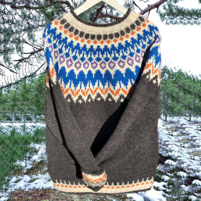 Unisex Vintage Icelandic Fashion Knit Jacquard Warmth Crew Neck Sweater