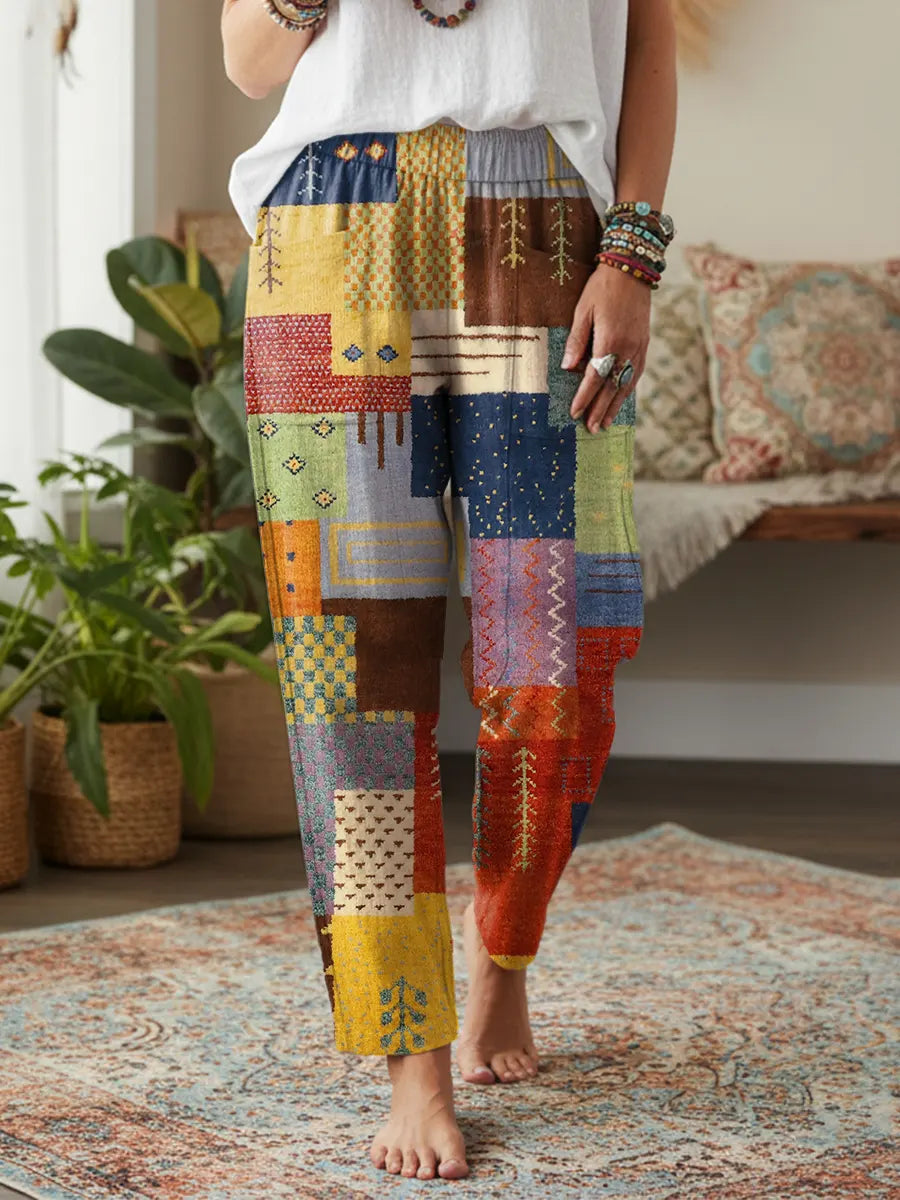 Ethnicity Geometry Colorful Patchwork Women's Printed Cotton And Linen Casual Pants