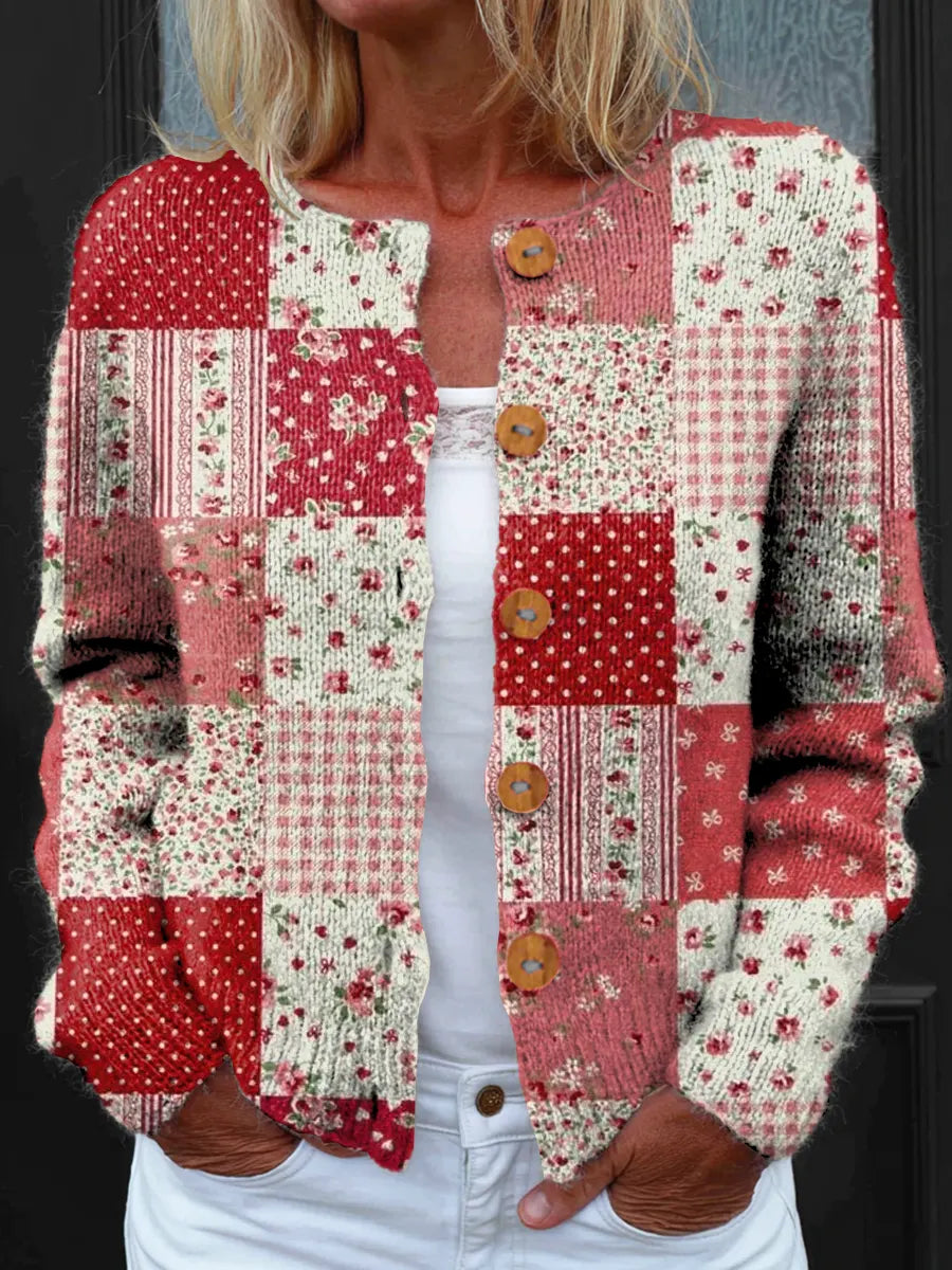 Women's Bohemian Floral Art Print Button-front Knit Cardigan