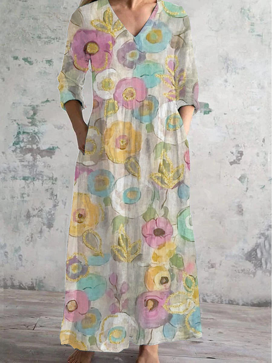 Women's V Neck Abstract Floral Art Cotton and Linen Pocket Dress