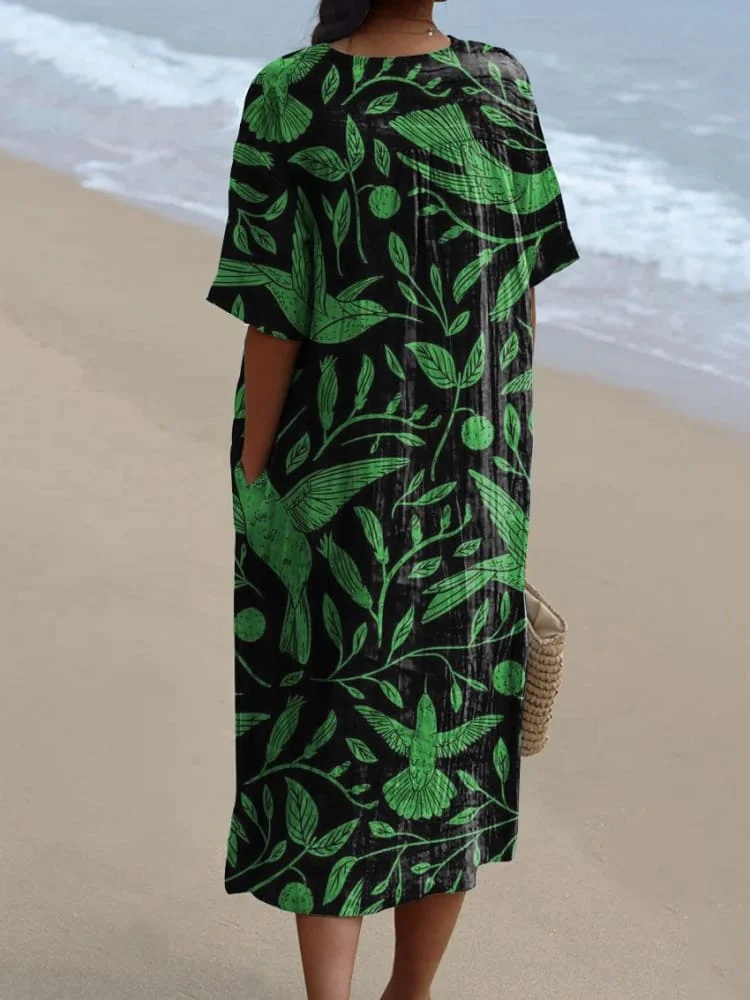 Women's Vintage Ethnic Lovely Floral Birds Art Print Flowy Dress