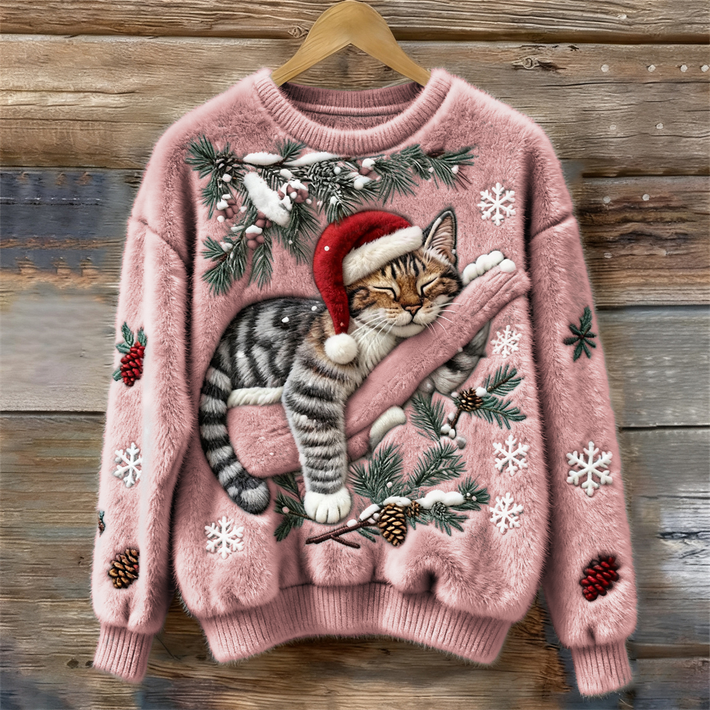 Christmas Lazy Cat Art Women's Cozy Plush Sweater