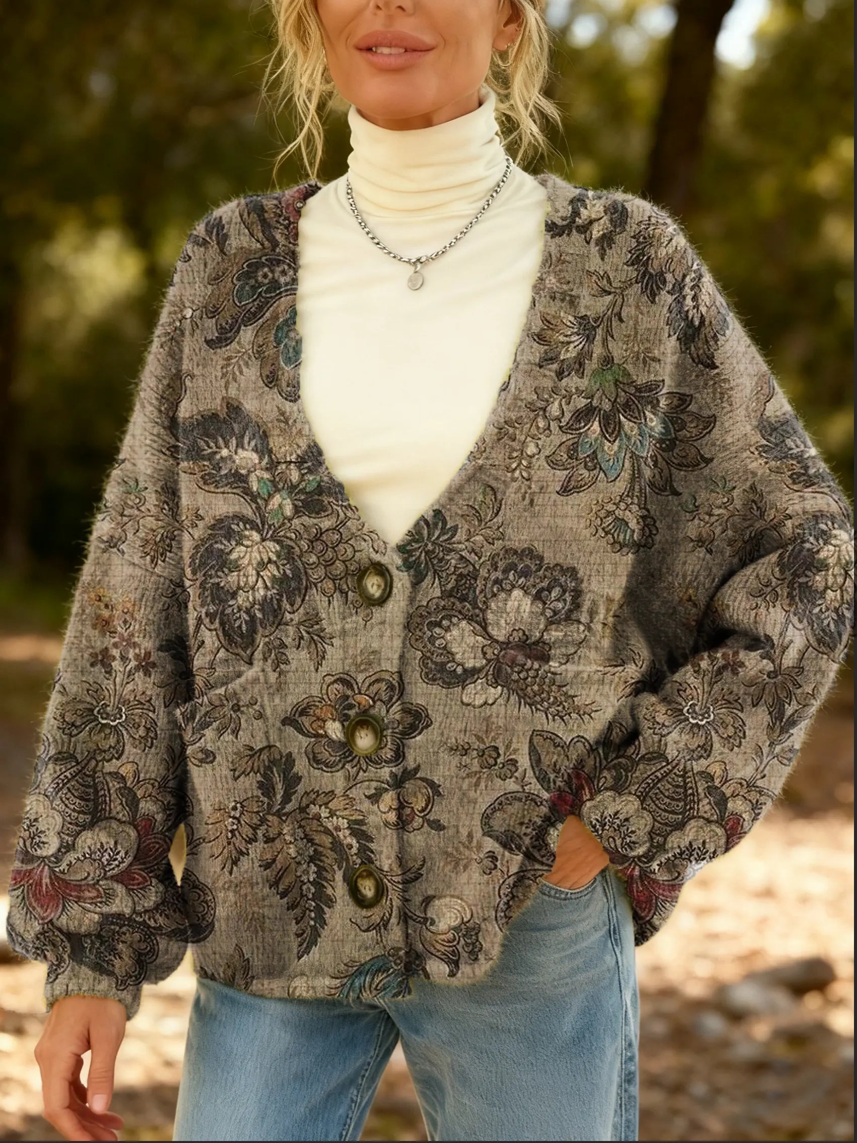 Women's Vintage Floral Pattern Art Print Cardigan With Pockets