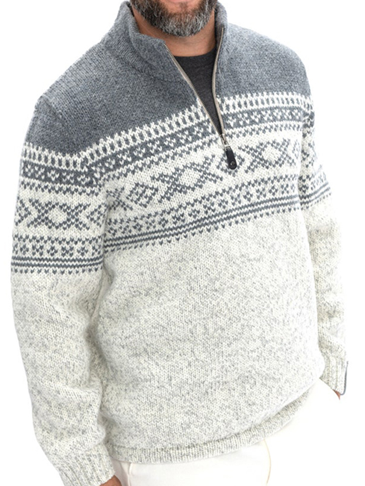 Retro Geometric Knit Men's Zip Sweater