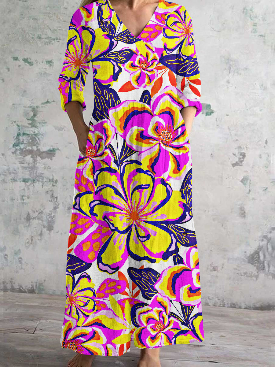 Women's V-Neck Floral Abstract Art Print Cotton and Linen Pocket Dress