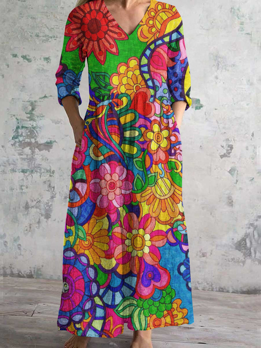 Women's V-Neck Floral Art Print Cotton And Linen Pocket Dress