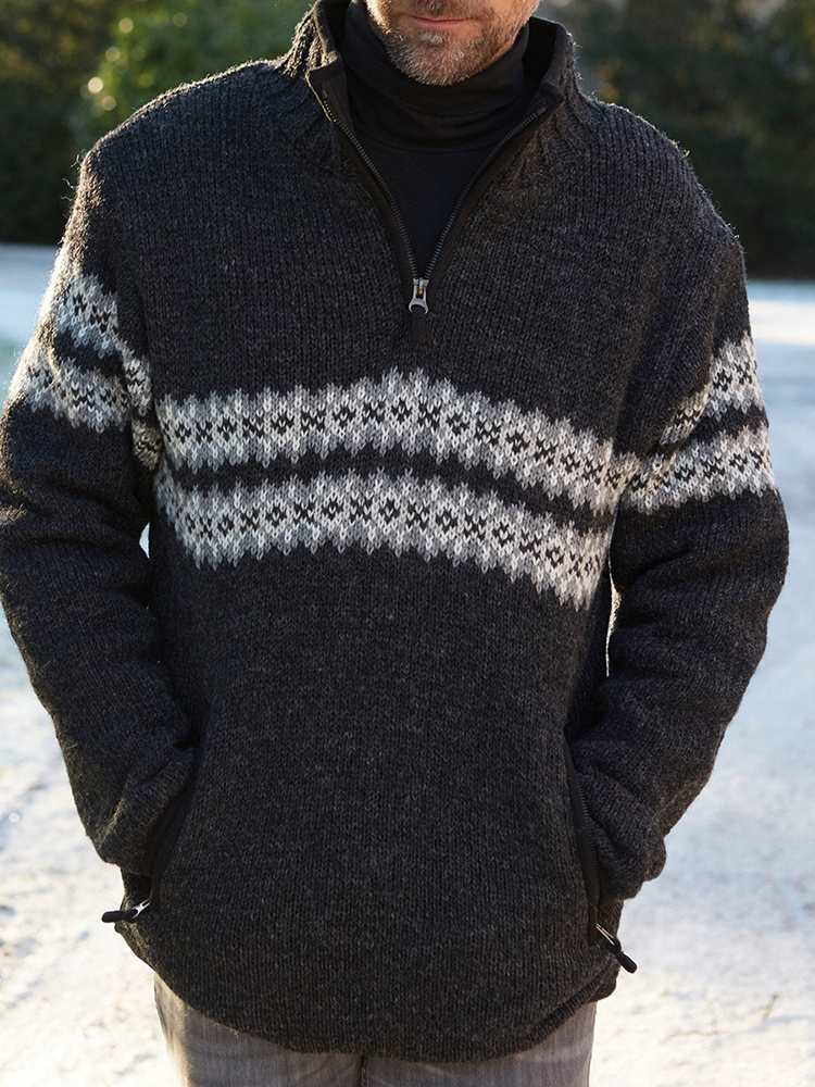 Vintage Warmth Norwool Icelandic Knit Jacquard Half Zip Collar Sweater