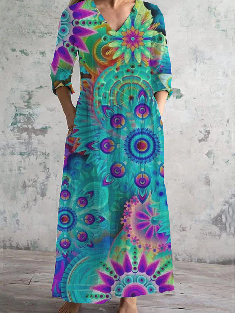 Women's V-Neck Art Colorful Floral Pattern Dress With Pockets