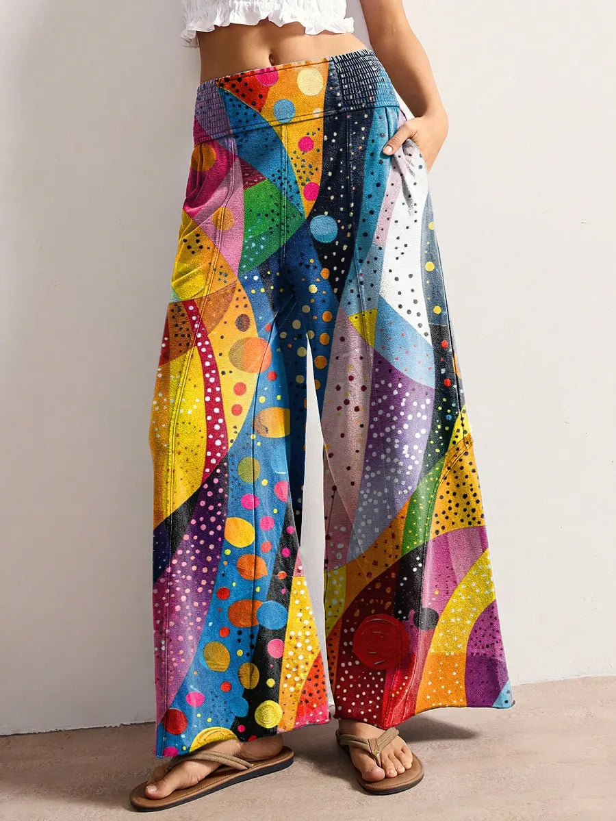 Women's Colorful Irregular Ripple Pattern Artistic Print Stretch Wide-leg Pants