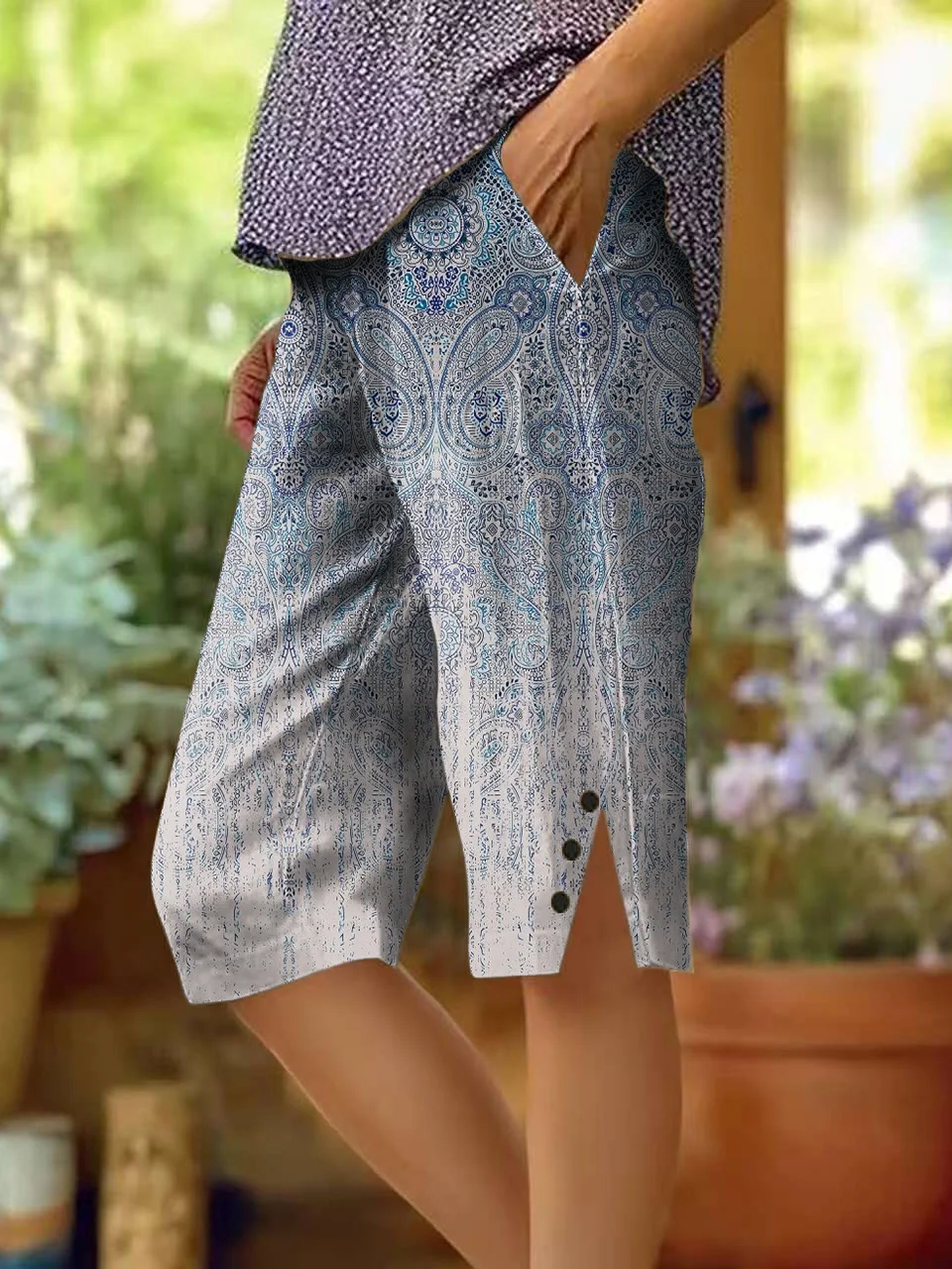 Women's Boho Floral Wave Collage Art Printed Cotton And Linen Casual Pants