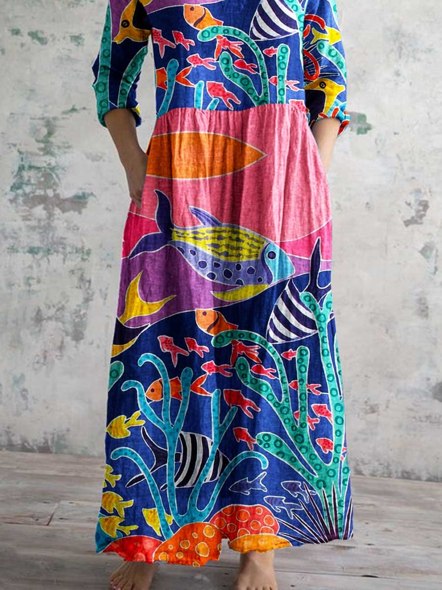 Women's V-neck Underwater World Pattern  Cotton and Linen Dress With Pockets