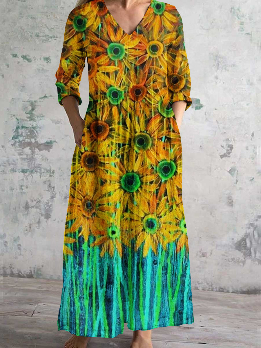 Women's V-Neck Abstract Floral Art Print Cotton And Linen Pocket Dress