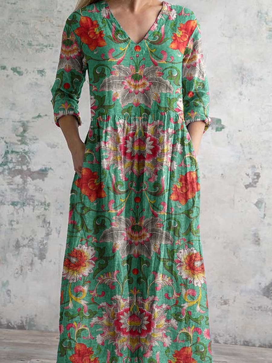 Women's V-neck  Abstract Art Floral Pattern Collar Cotton Dress With Pockets