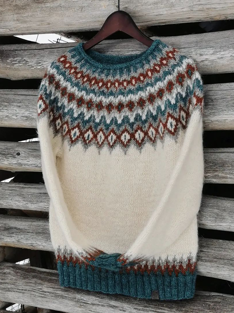 Unisex Vintage Icelandic Leaf Knit Jacquard Crew Neck Sweater