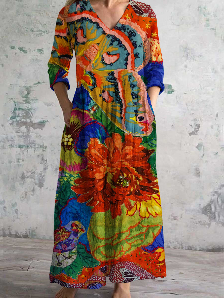 Women's V Neck Oil Paint Rendering Floral Art Print Cotton and Linen Pocket Dress