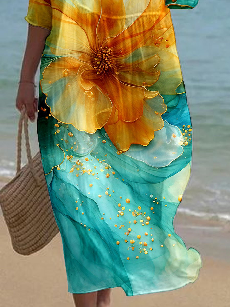 Women's Watercolor Splash Fluid Art Print Flowy Dress