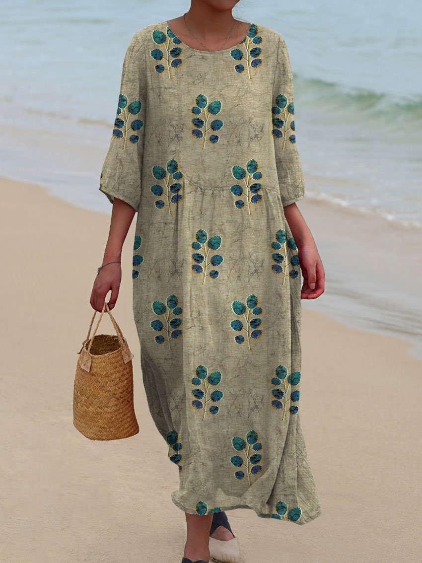 Women's Flower Print Pocket Cotton Dress