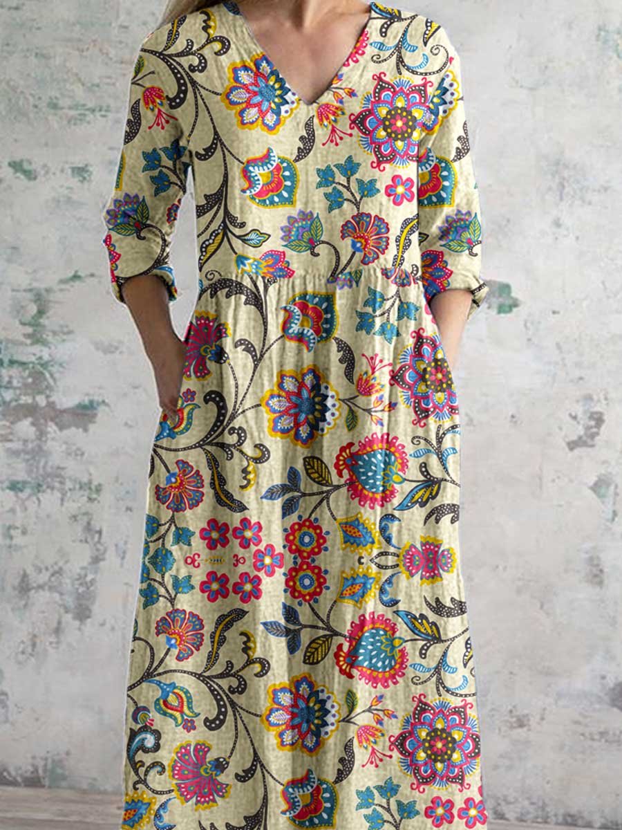 Women's Elegant Floral Pattern V-Neck Cotton Fabric Dress with Pockets