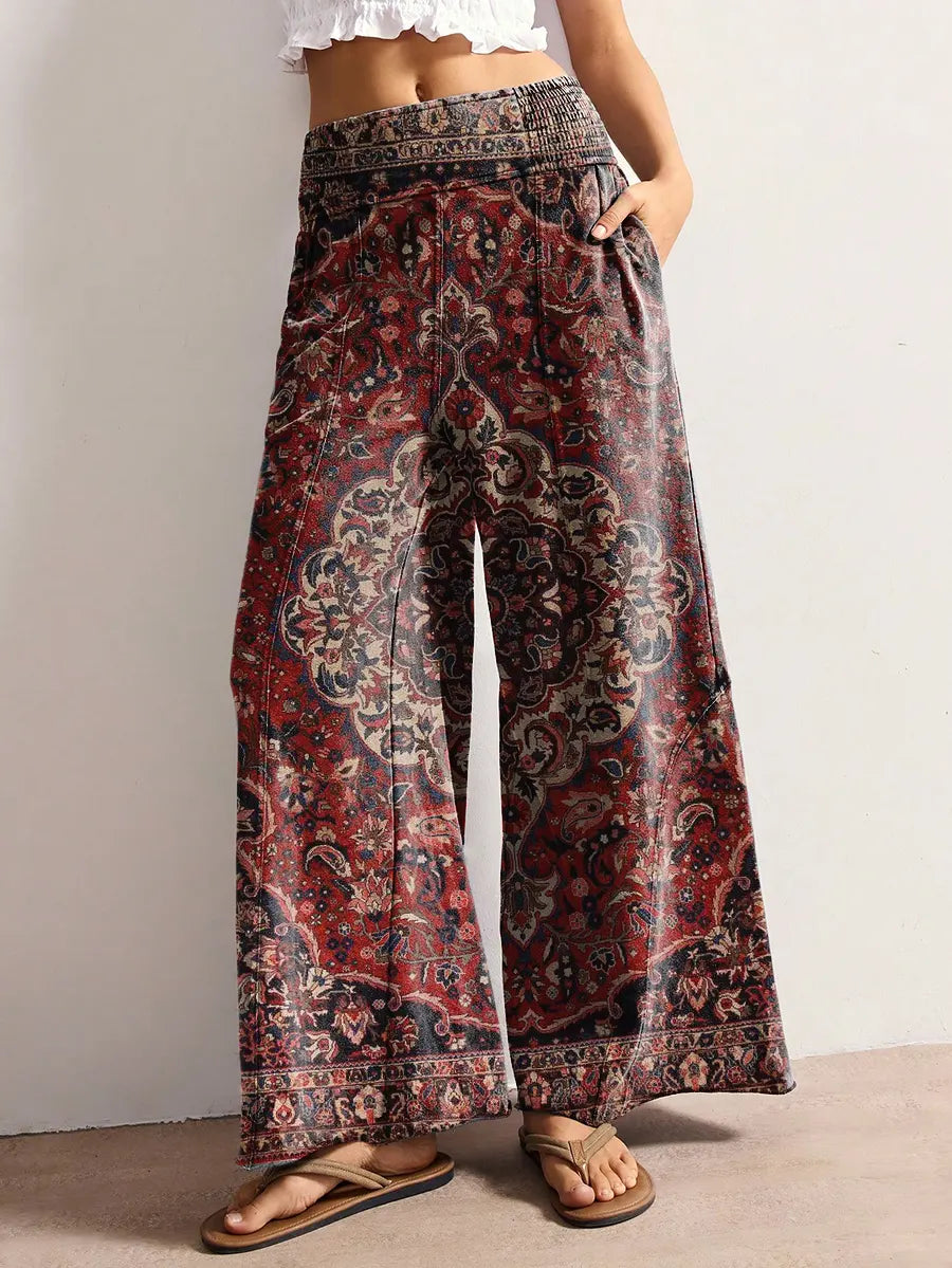 Women's Vintage Ethnic Pattern Art Print Stretch Wide-leg Pants