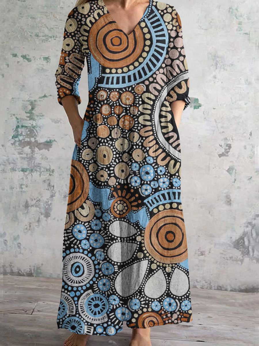 Women's V-Neck Geometric Pattern Art Print Cotton And Linen Pocket Dress